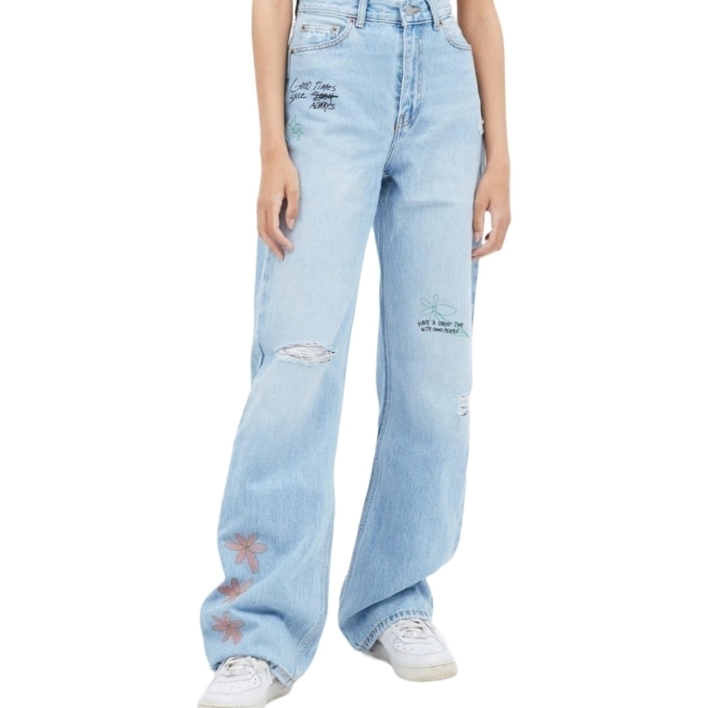 Dr Denim Echo High Rise Wedgie Light Wash Scribble Jeans Size 26W30L